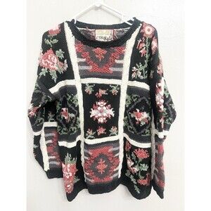 VTG Womens Crystal Kobe Knit Sweater Size Medium Floral Print Crewneck Grandma